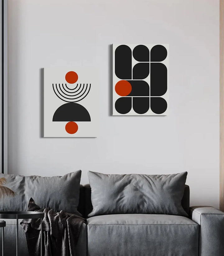 Tableau Red Signal gauche Massinart — composition géométrique cercles rouges formes noires