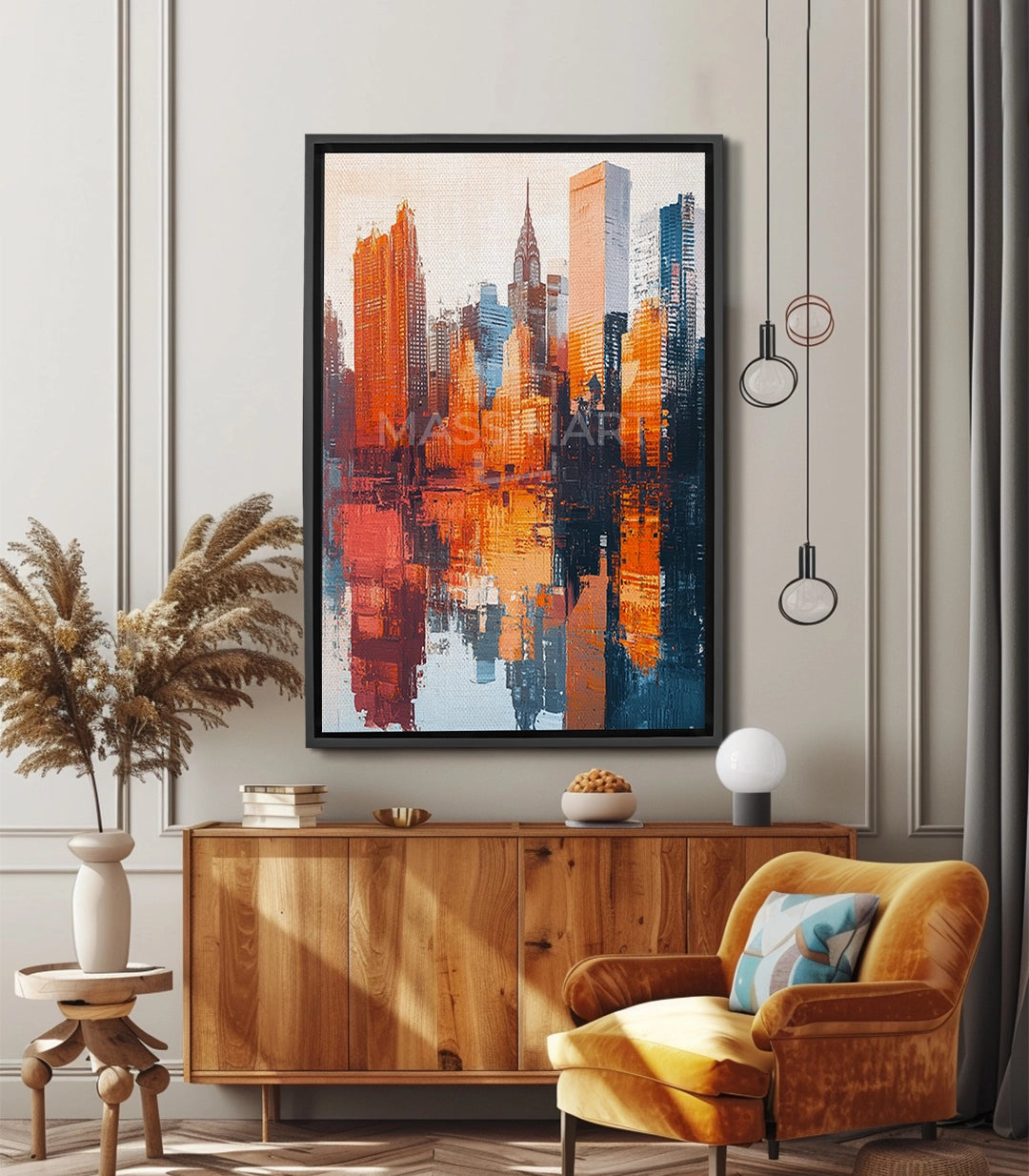 Tableau Reflets Urbains Massinart — skyline New York expressionniste orange bleu