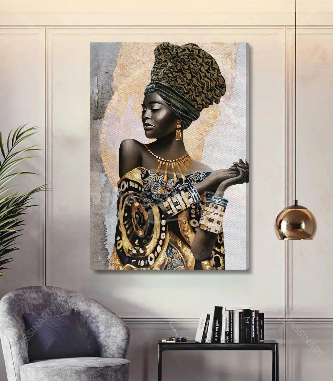 Tableau reine africaine vertical mise en scène bureau élégant Massinart