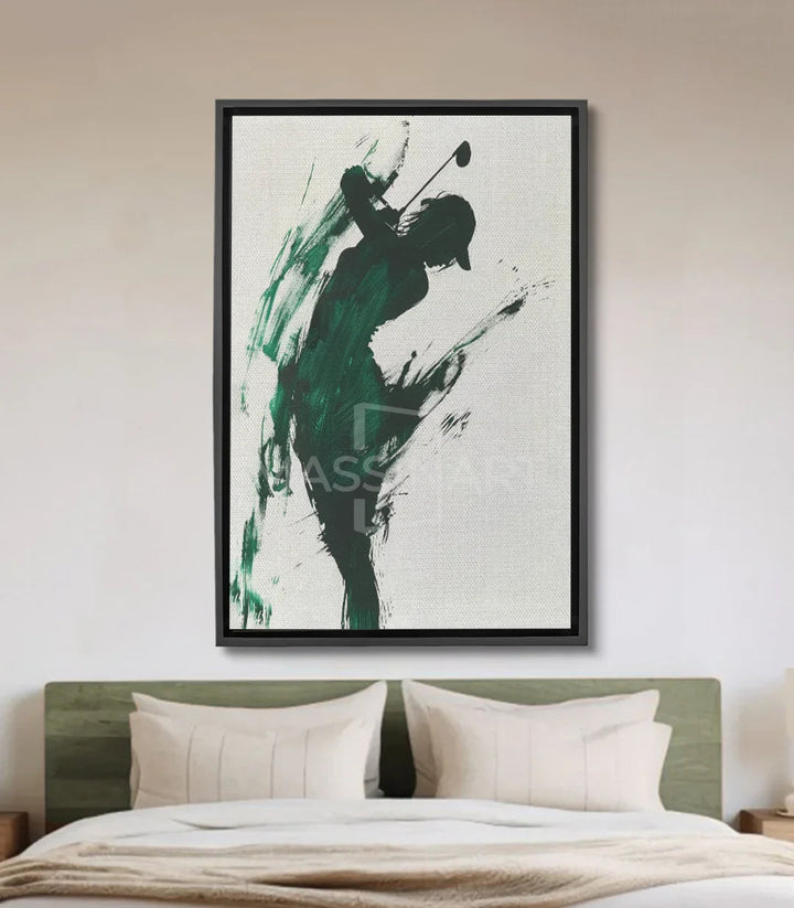 Tableau Release joueur de golf abstrait, silhouette noire et verte sur fond blanc - Massinart