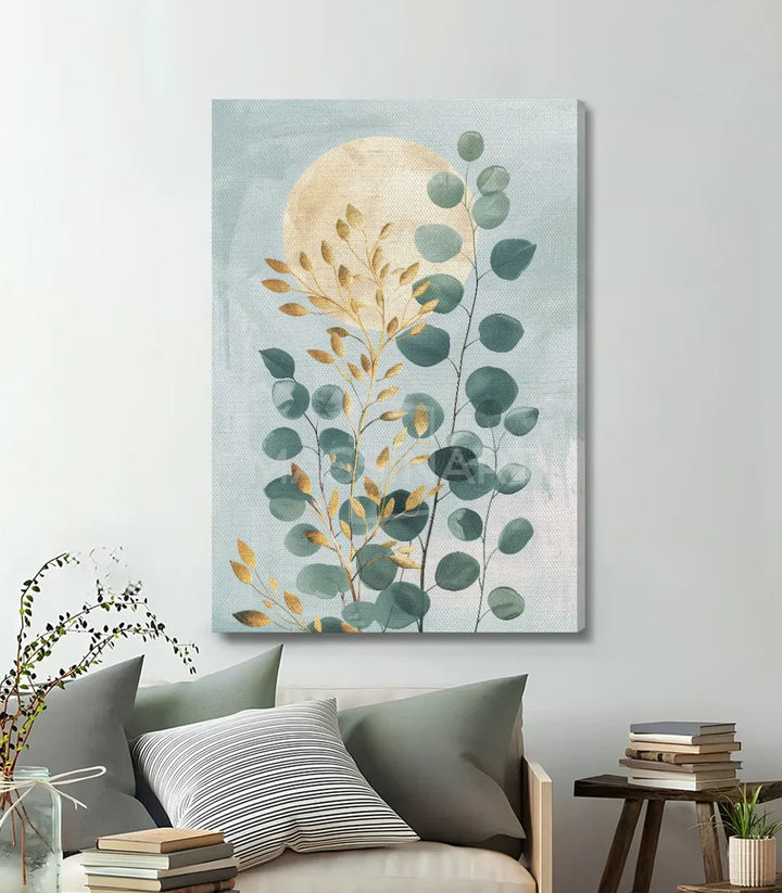 Tableau Rise and Shine Massinart — détail feuilles dorées et lune