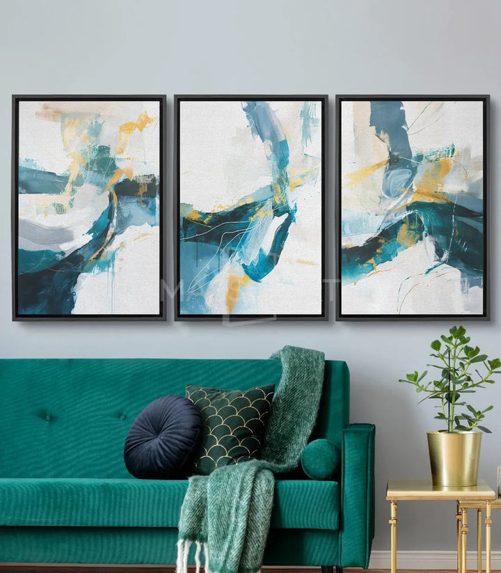 Tableau River Flow panneau gauche Massinart — abstraction bleu jaune sur blanc cassé