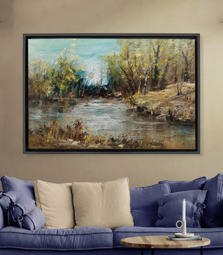 Tableau rivière forestière paysage impressionniste Massinart — arbres et eau bleu doré