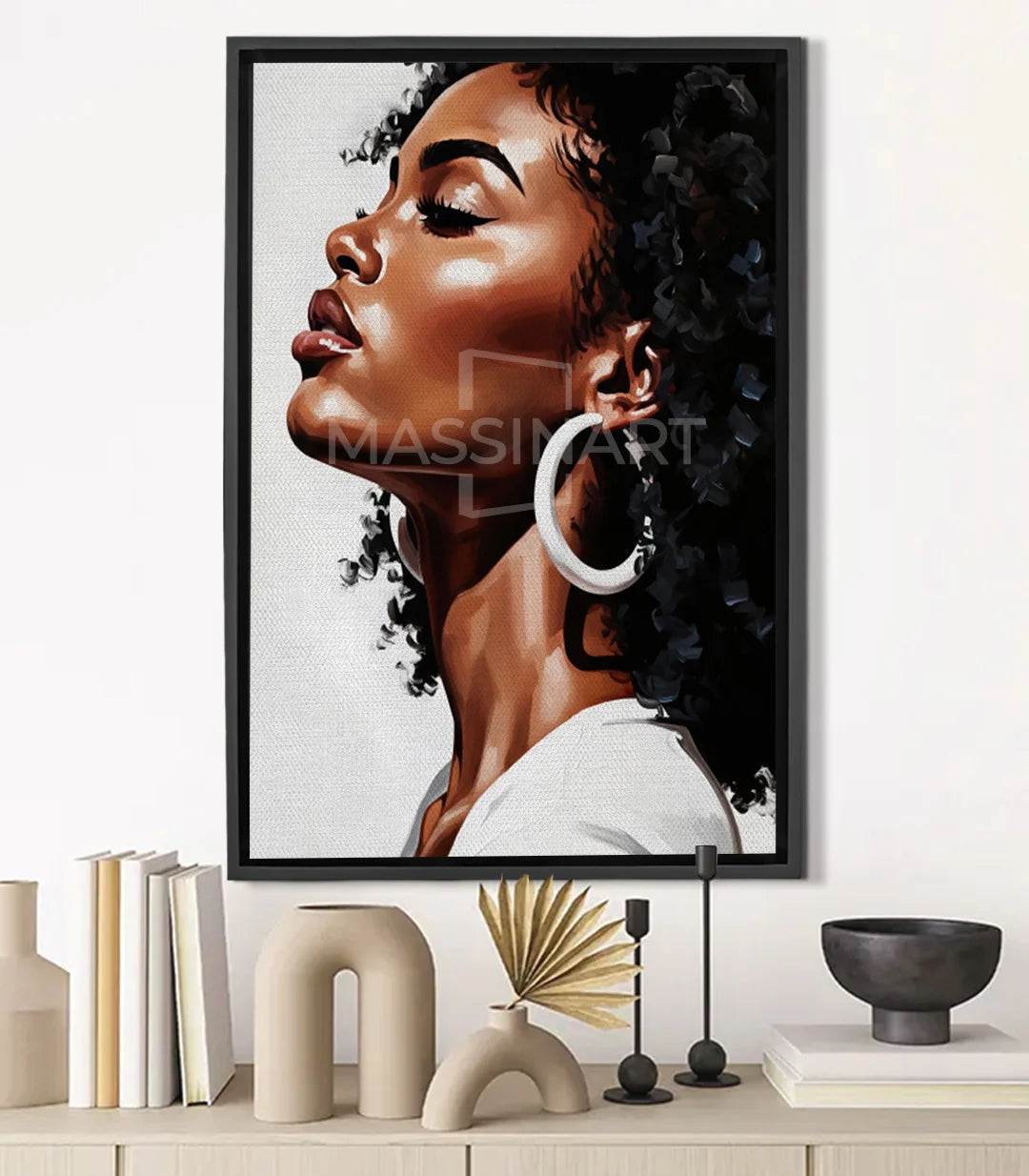 Tableau Rooted Beauty portrait femme profil fleurs noires Massinart