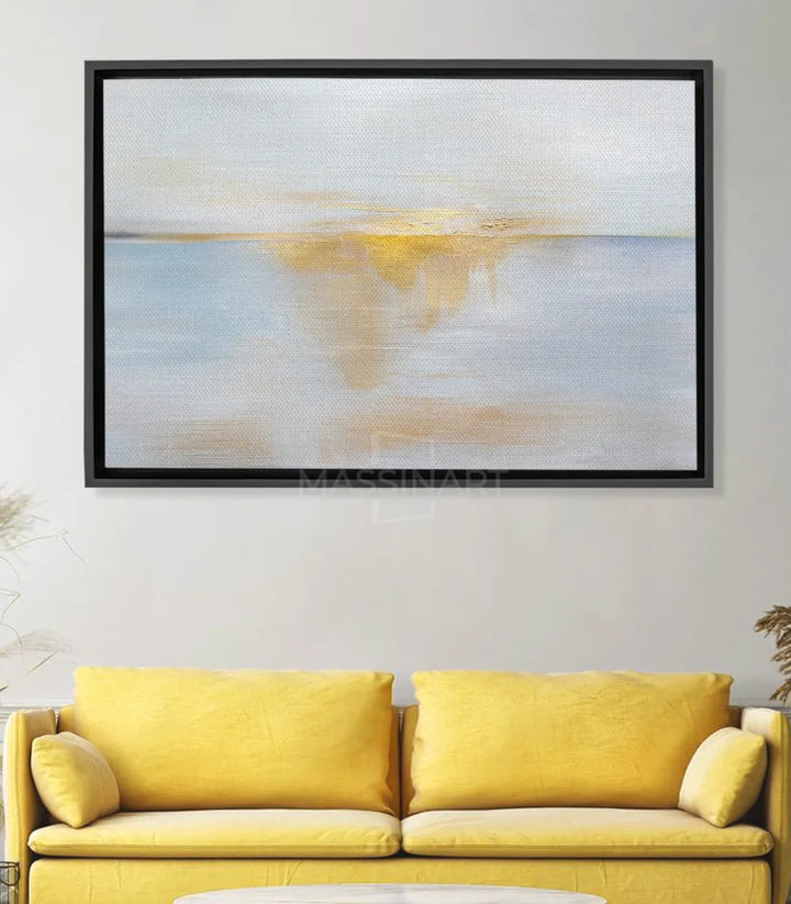 Tableau Sea Sunrise abstrait minimaliste, lever de soleil bleu beige doré Massinart