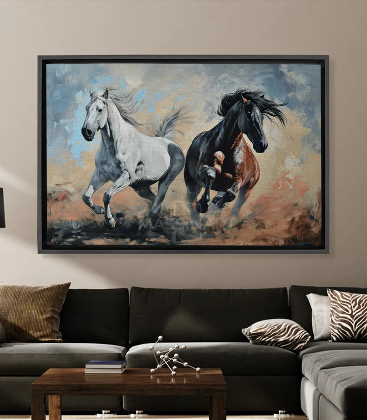 Tableau See You There Massinart — deux chevaux sauvages galop desert blanc noir marron