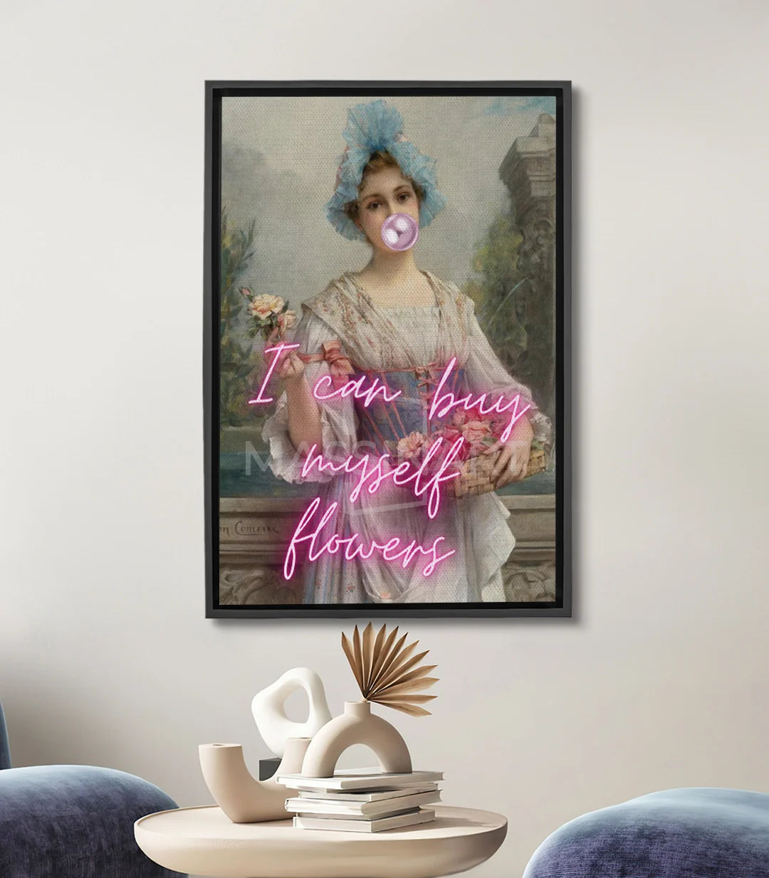 Tableau Self-Bouquet Massinart — Portrait vintage femme chapeau bleu avec texte néon rose