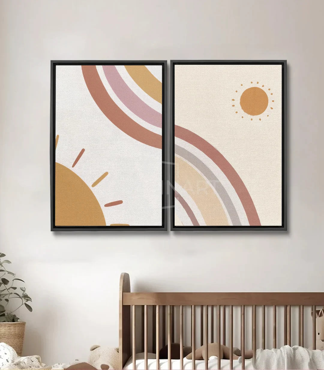 Tableau Shinning diptyque abstrait soleil, courbes beige doré rose Massinart