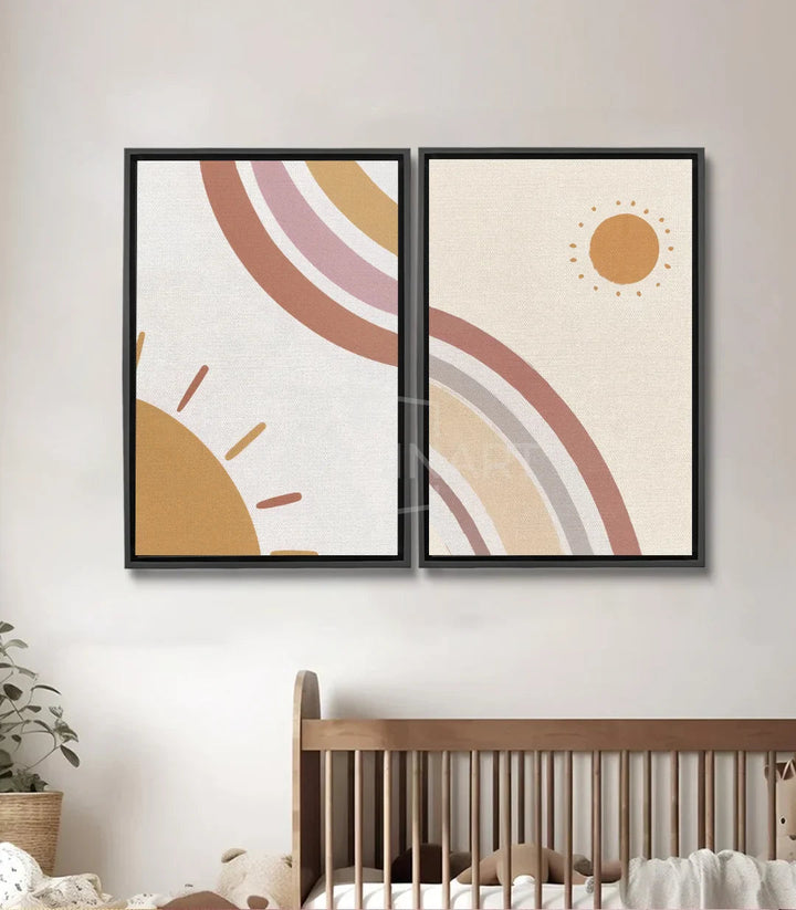 Tableau Shinning diptyque abstrait soleil, courbes beige doré rose Massinart