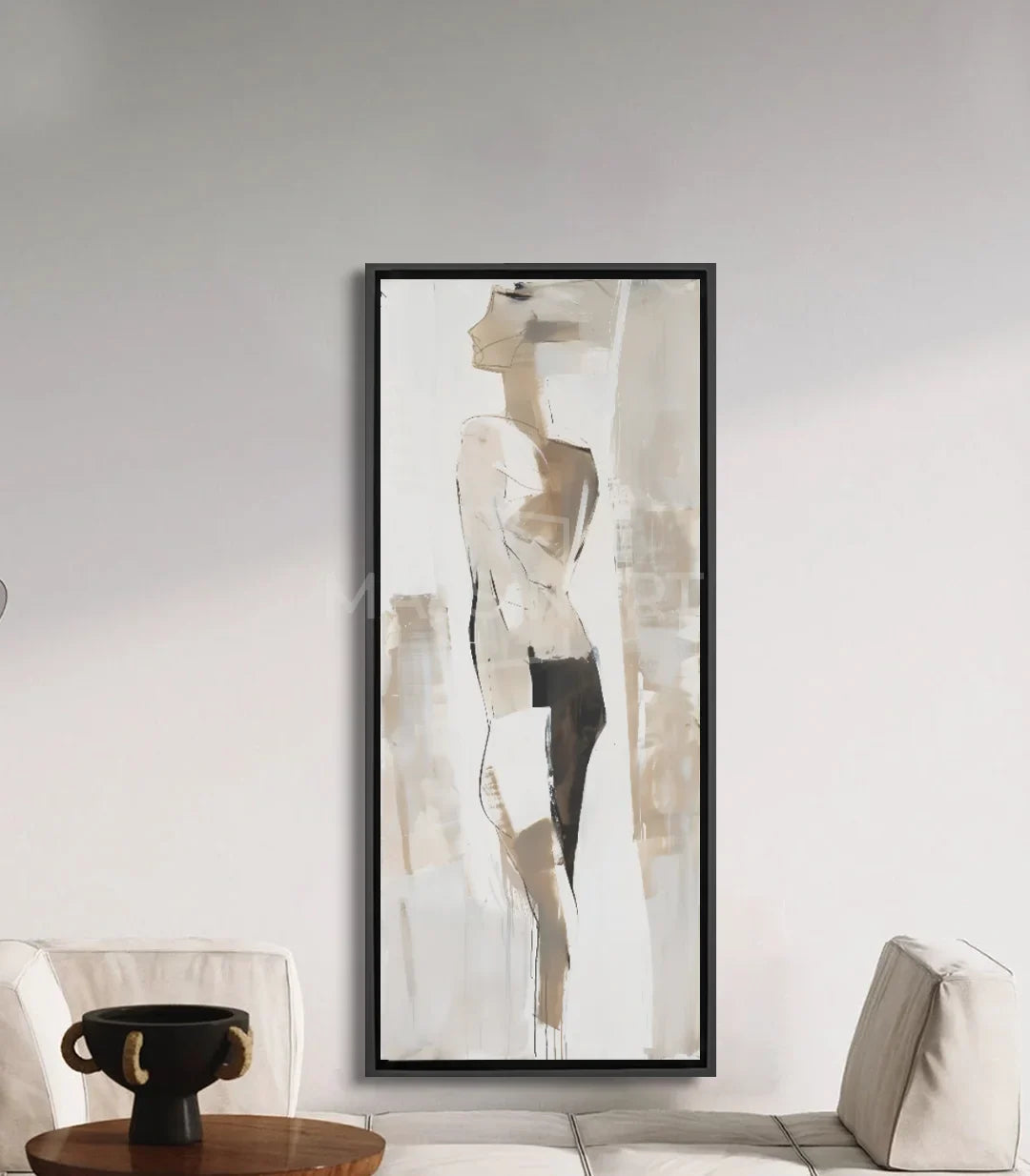 Tableau silhouette femme élégante, tons beige noir blanc, art minimaliste Massinart