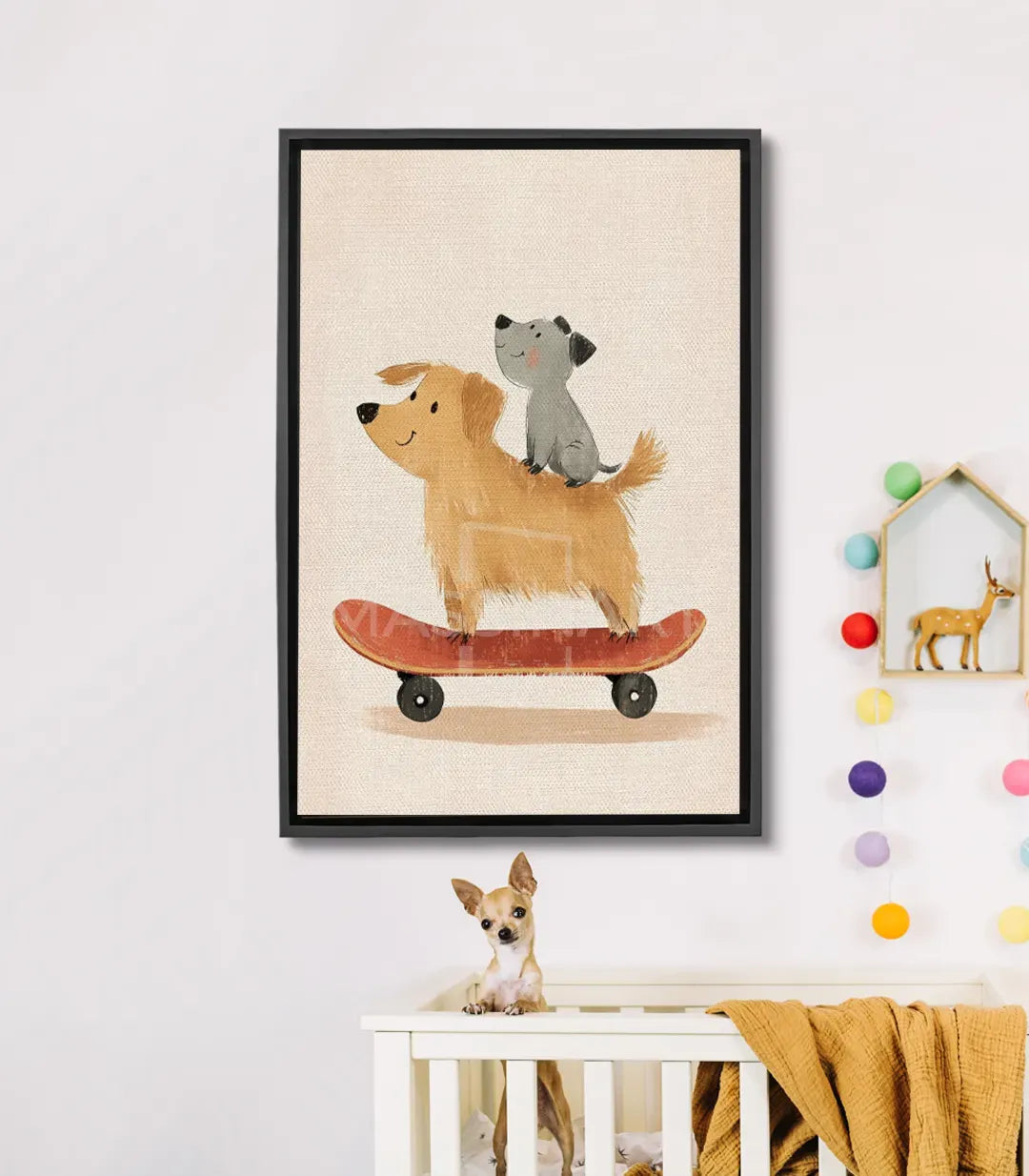 Tableau Skate Dogs Massinart — chien et chat sur skateboard illustré fond beige