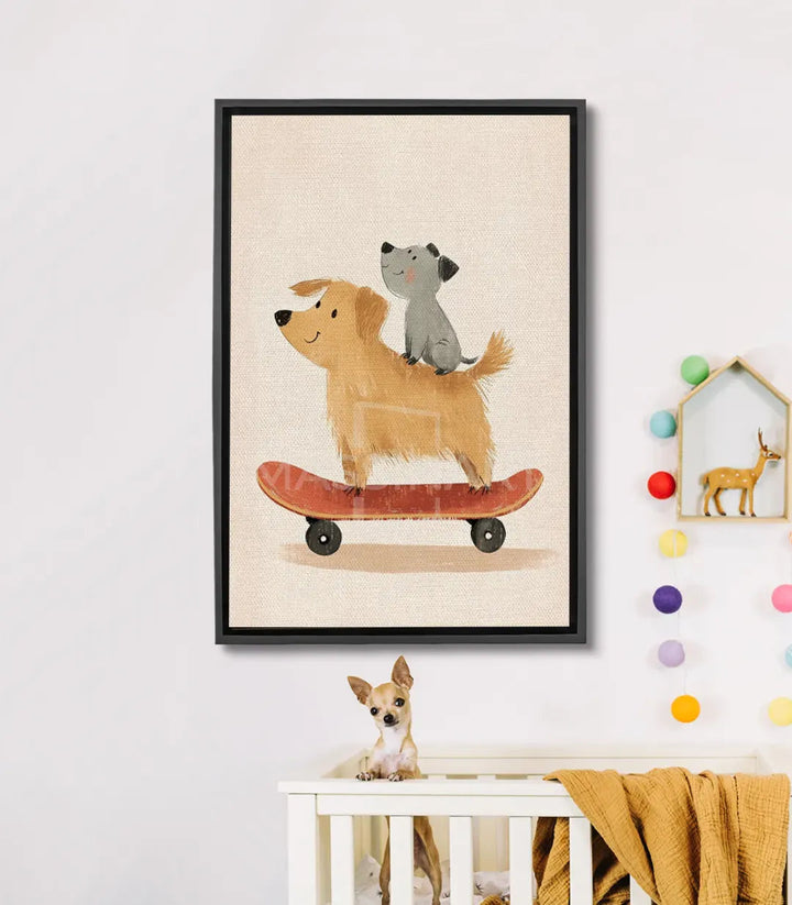 Tableau Skate Dogs Massinart — chien et chat sur skateboard illustré fond beige