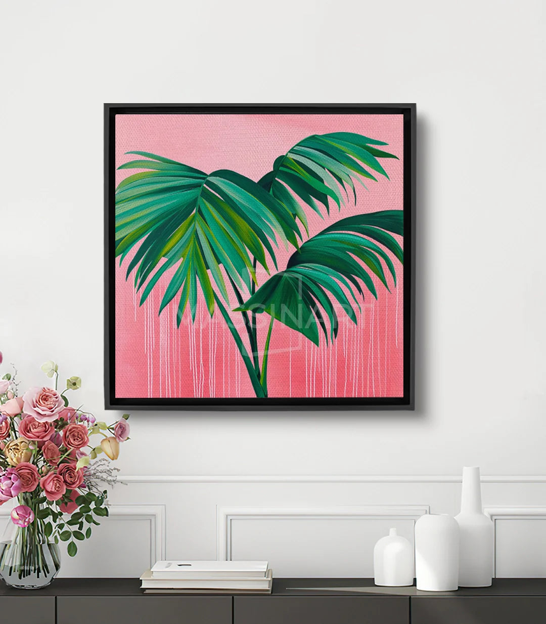 Tableau Soft Fronds Massinart — feuilles tropicales vertes sur fond rose poudré