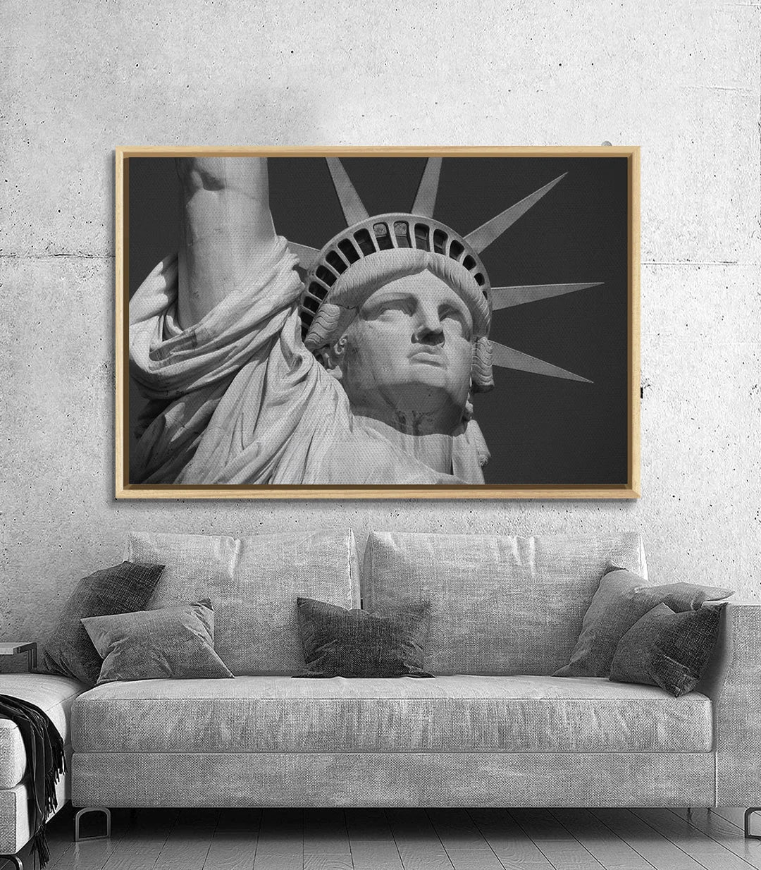 Tableau Statue de Liberté noir et blanc, vue rapprochée du visage et de la couronne sur fond sombre — Massinart