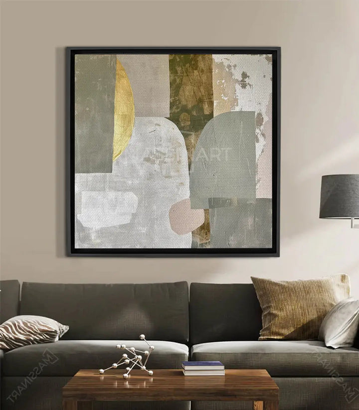 Tableau Still Layers abstrait carré, formes géométriques blanc doré et taupe — Massinart