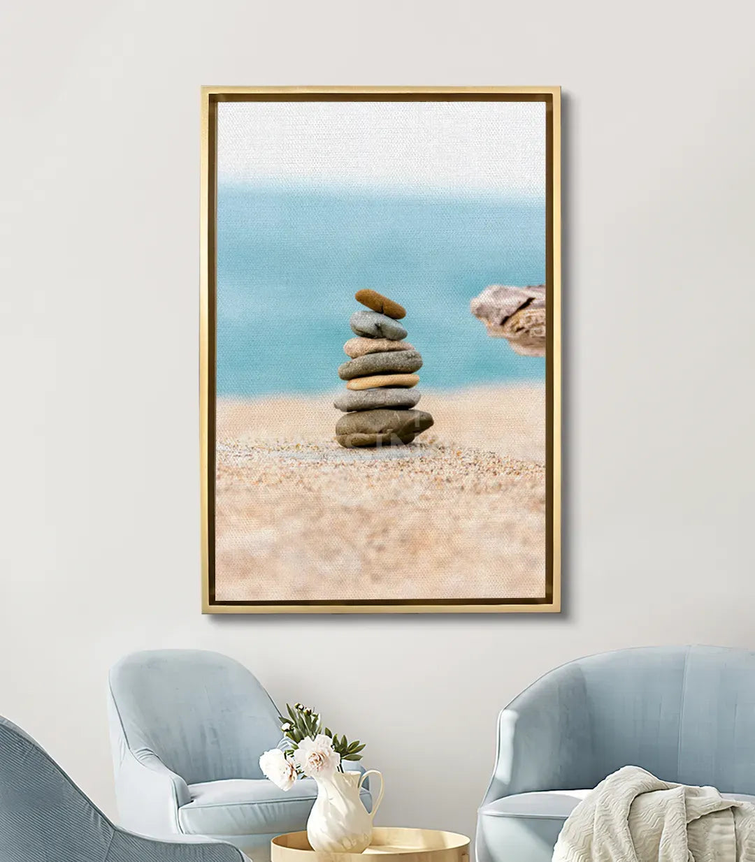Tableau Stone Balance mise en situation salon moderne — décoration murale zen au-dessus canapé Massinart