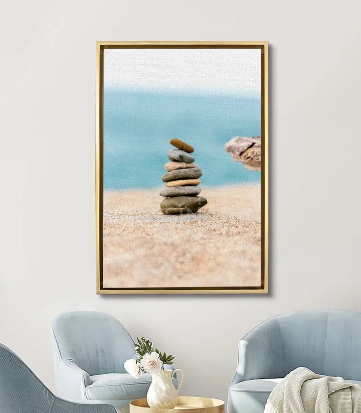 Tableau Stone Balance mise en situation salon moderne — décoration murale zen au-dessus canapé Massinart