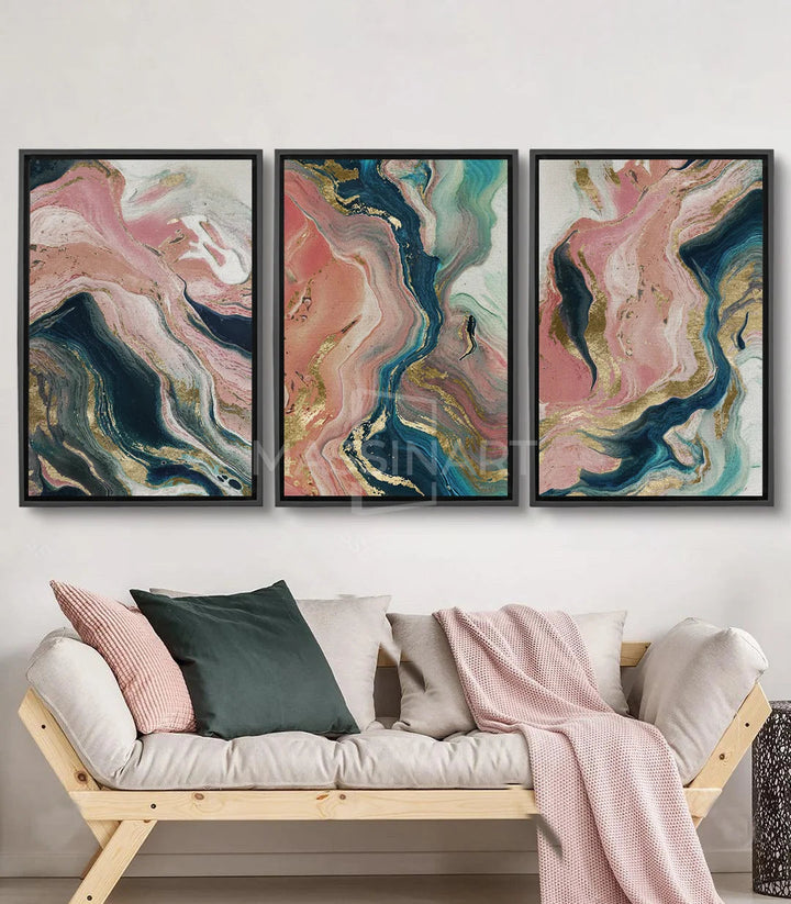 Tableau Stream marbre fluide rose bleu doré triptyque Massinart