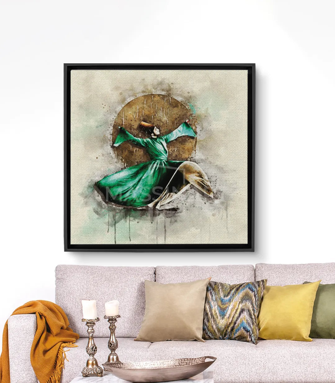 Tableau Sufi Whirling Massinart — danseur soufi en robe verte et dôme doré, technique aquarelle