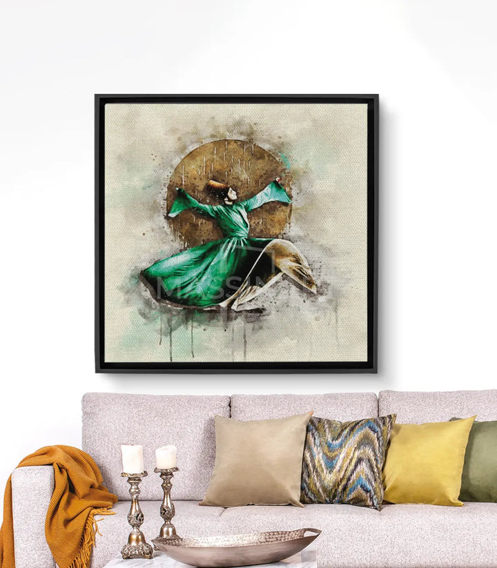 Tableau Sufi Whirling Massinart — danseur soufi en robe verte et dôme doré, technique aquarelle