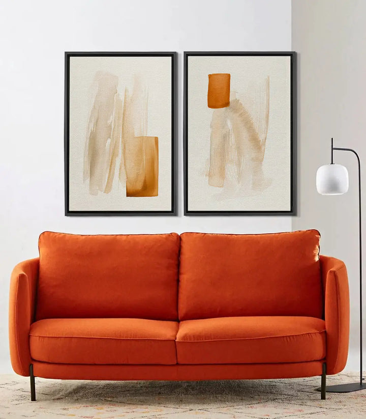 Tableau Sunbaked diptyque abstrait minimaliste Massinart — formes géométriques ocre et beige