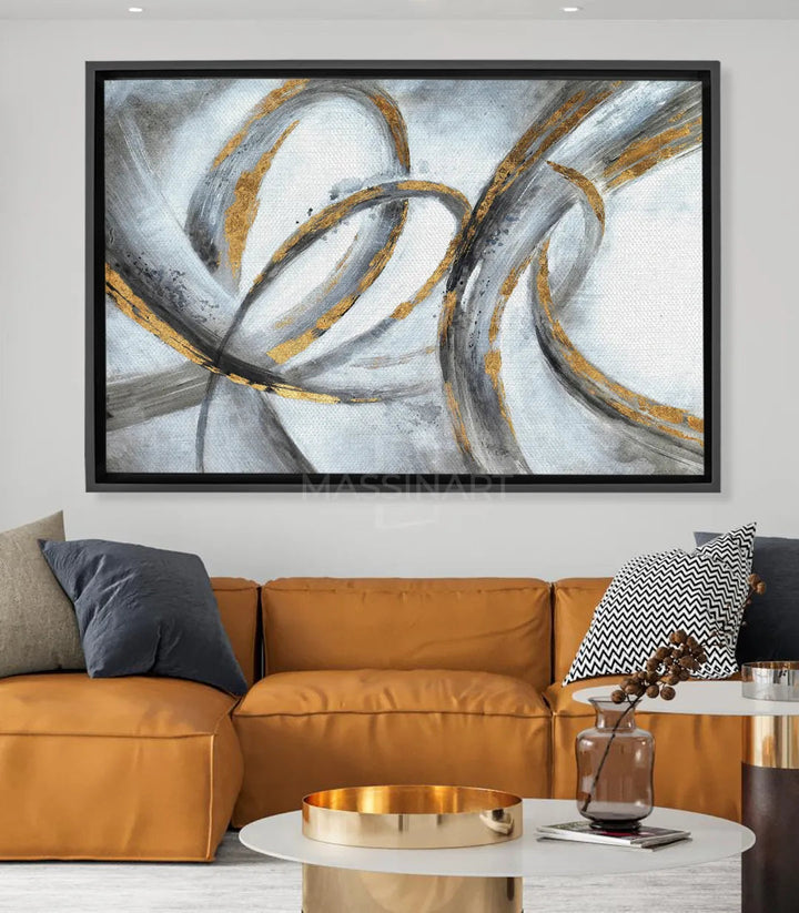 Tableau Swirl abstrait - formes fluides gris et doré sur fond blanc - Massinart