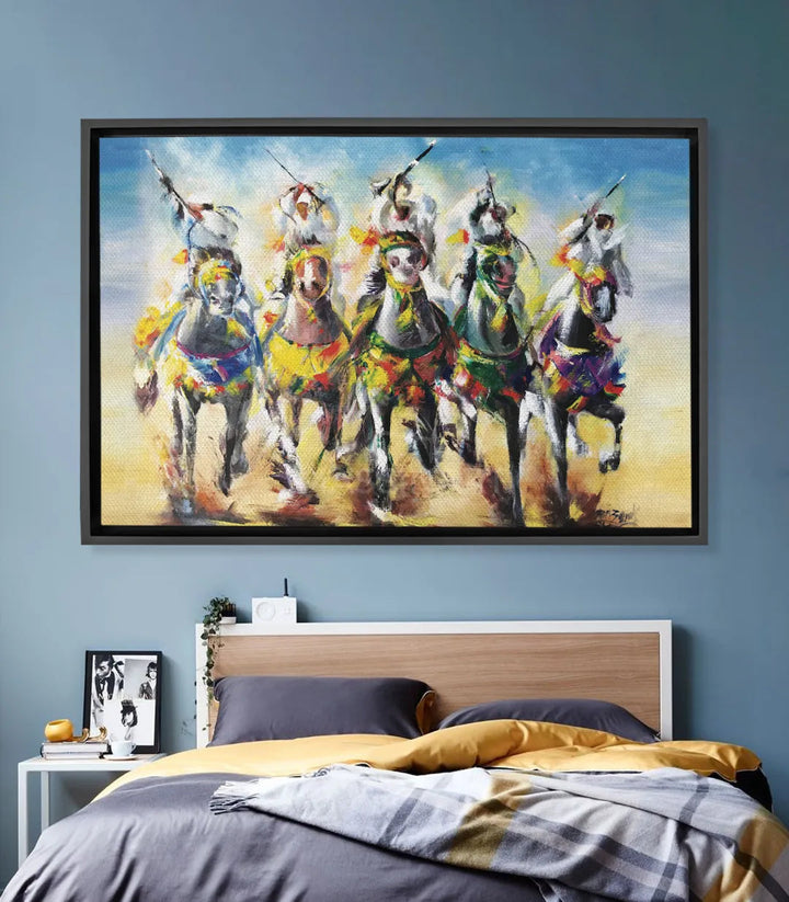Tableau Tbourida chevaux cavaliers marocains expressionniste, tons bleu jaune ocre — Massinart