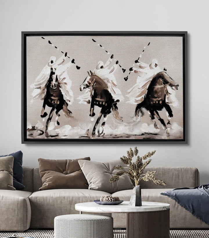 Tableau Tbourida Echo — trois cavaliers marocains chevaux bruns expressionnistes Massinart
