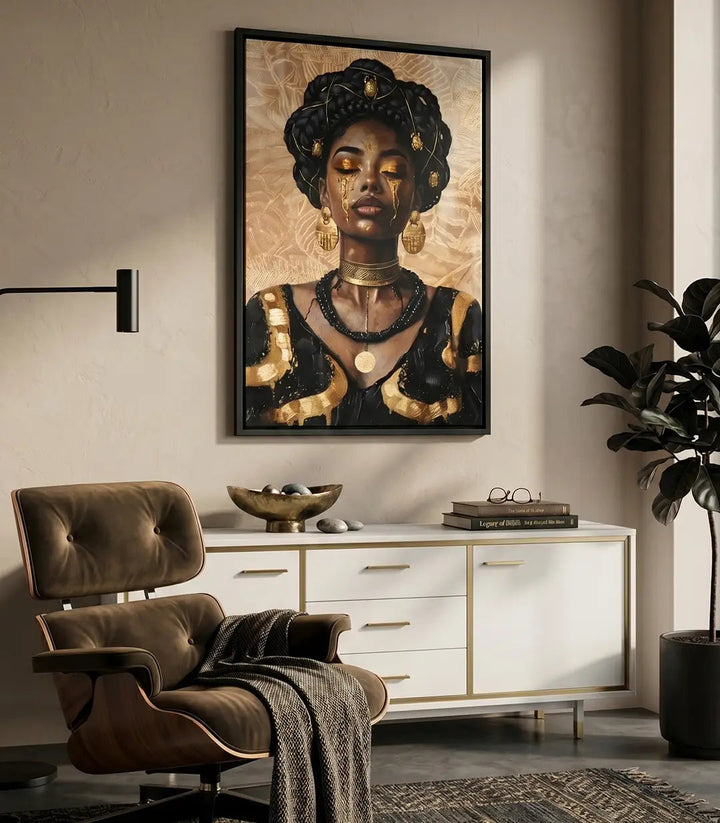 Tableau Tears of Gold - Portrait femme noire avec larmes dorées et bijoux Massinart