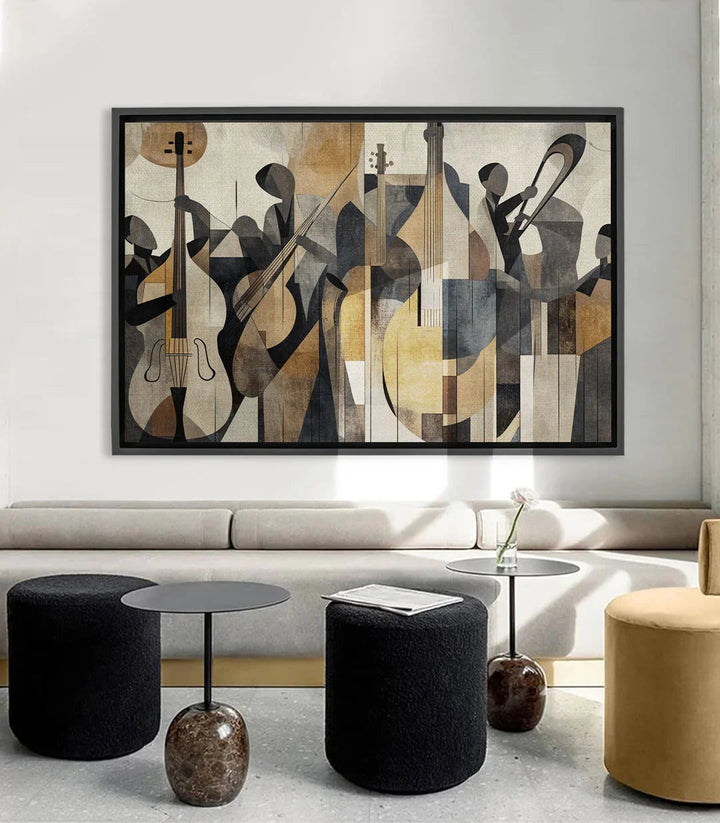 Tableau The Geometry of Jazz — musiciens cubistes aux instruments, tons beige noir et ocre Massinart