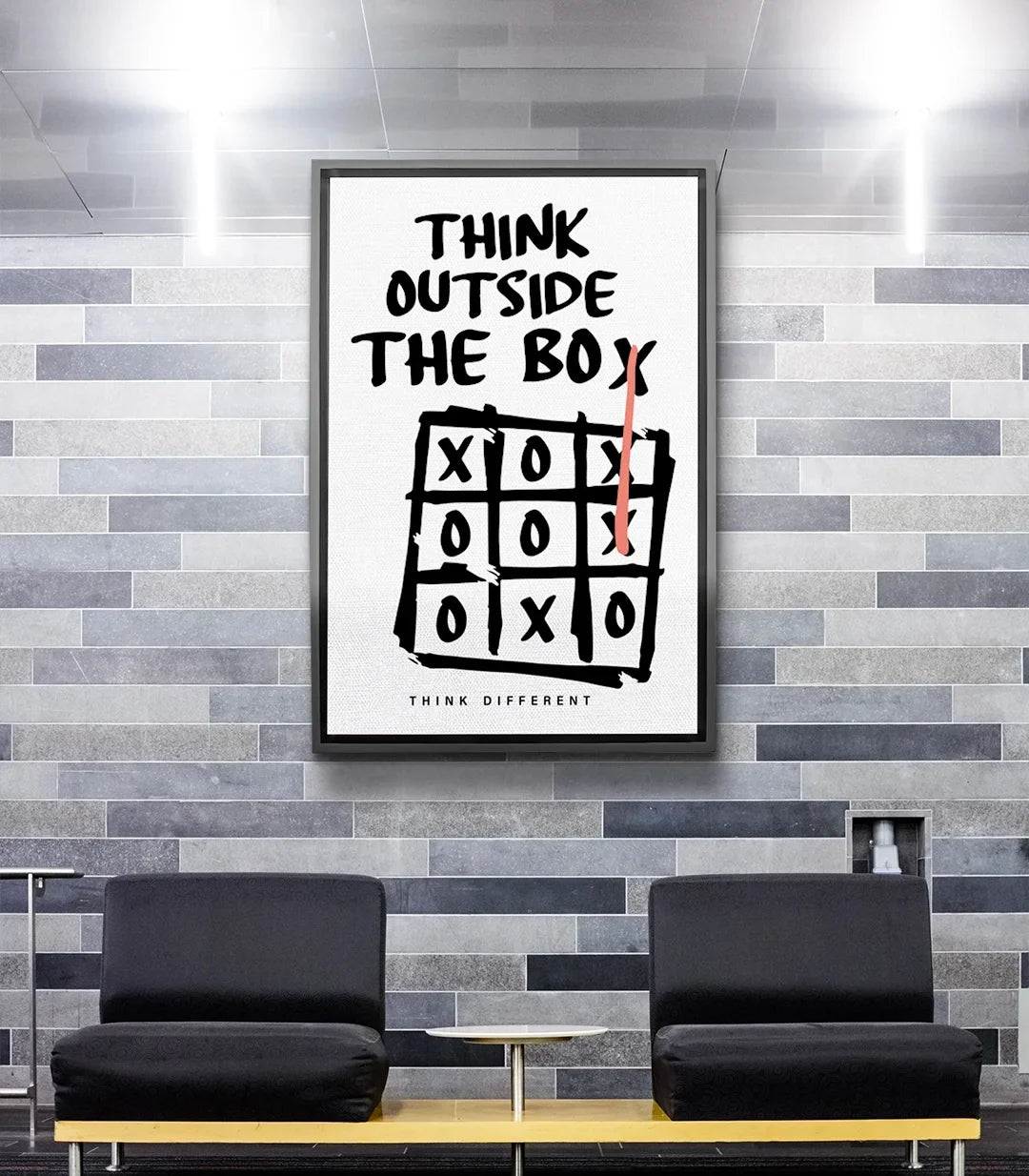 Tableau Think Outside The Box minimaliste noir blanc avec jeu tic-tac-toe Massinart