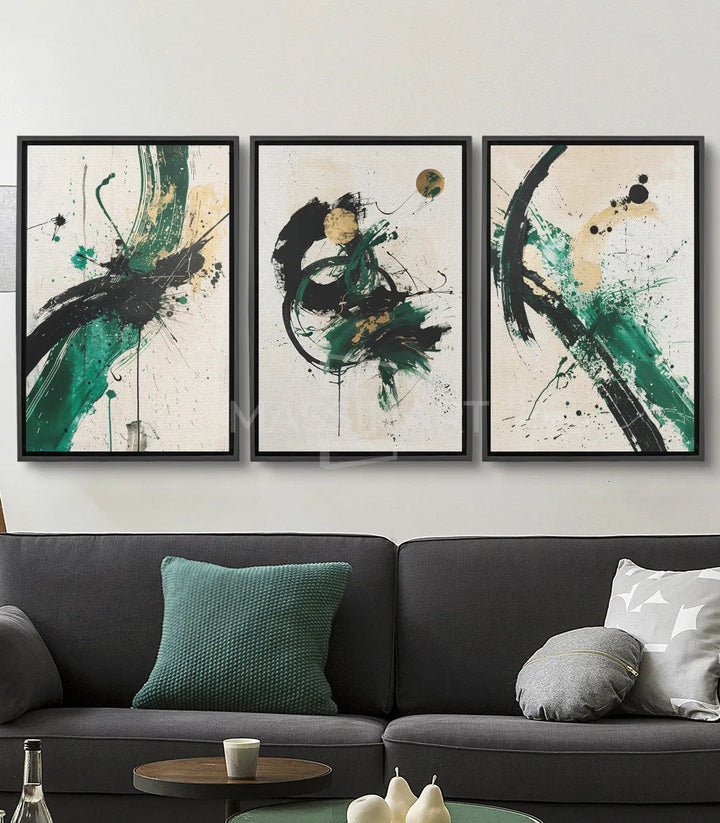Tableau Thrive triptyque abstrait — traits noirs et vert émeraude sur beige crème Massinart