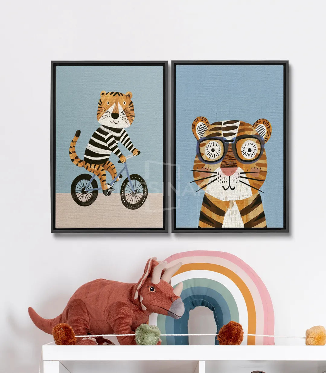 Tableau Tiger Ride diptyque — tigre à vélo et tigre aux lunettes, illustrations colorées Massinart