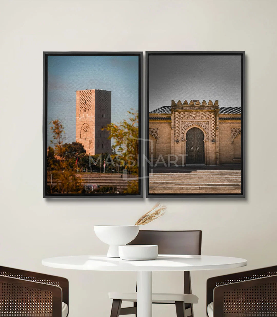 Tableau Tour Hassan Rabat vertical — architecture minaret terracotta ciel bleu Massinart