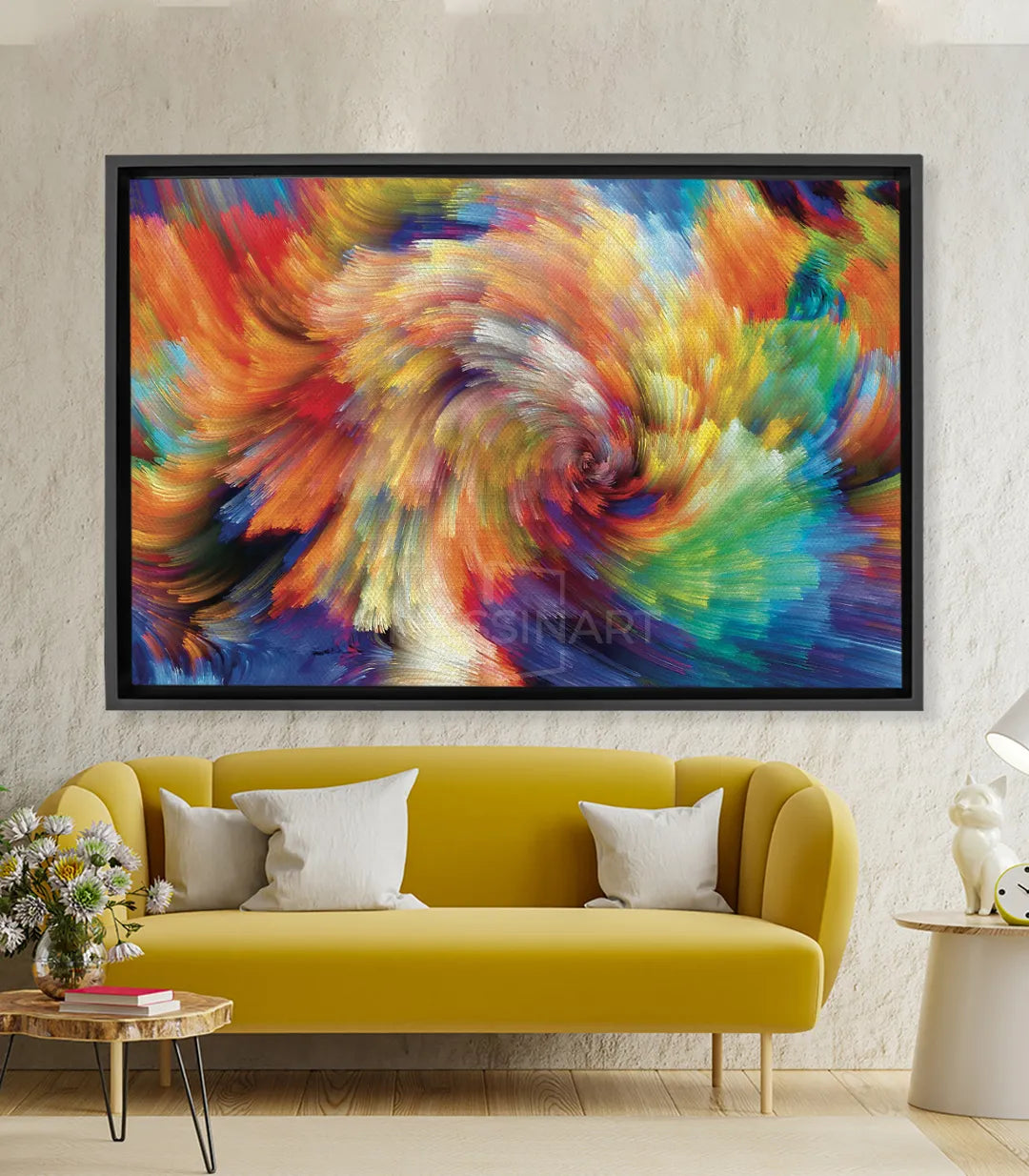 Tableau tourbillon expressionniste coloré Massinart — orange, jaune, bleu, vert en mouvement spiral