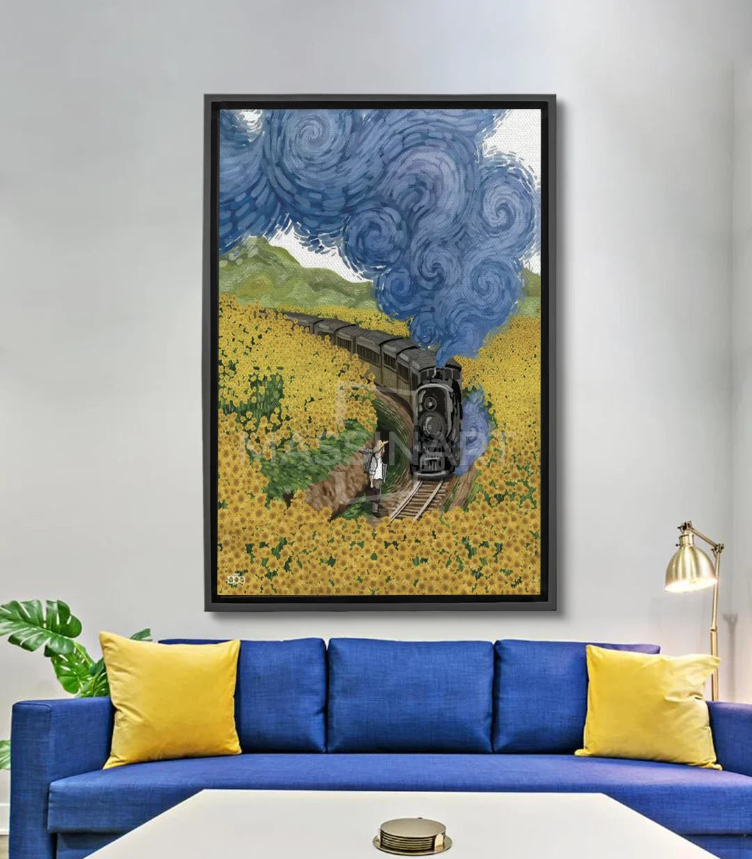 Tableau train locomotive dans champ de blé jaune, ciel bleu expressionniste Massinart