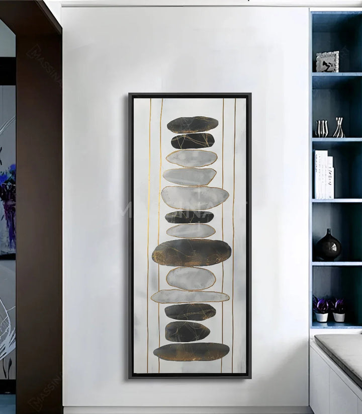 Tableau Tranquil pierres empilées gris noir doré Massinart