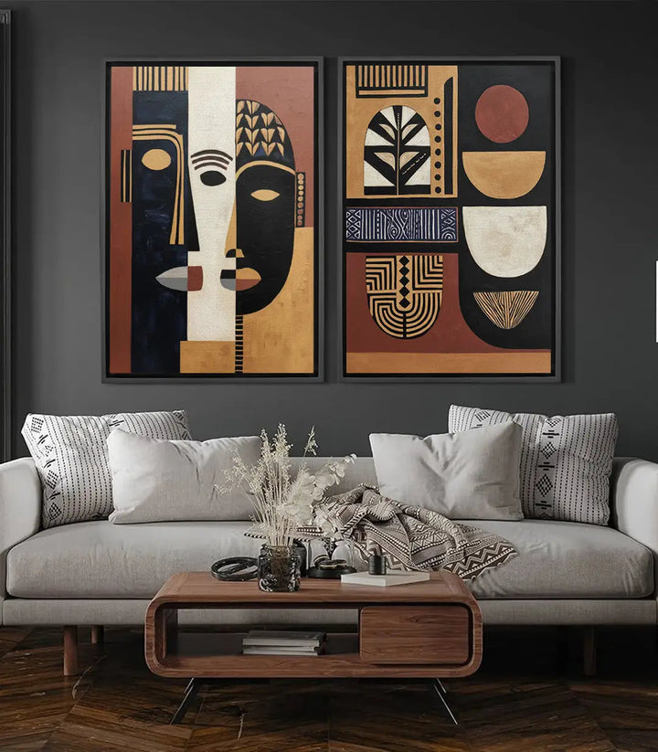 Tableau Tribalism diptyque — masques africains abstraits noir doré terracotta Massinart