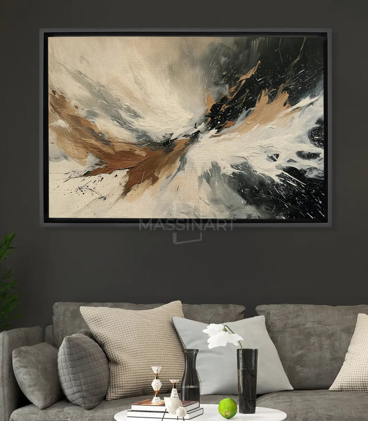 Tableau Twilight paysage montagneux abstrait, tons beige noir et doré — Massinart