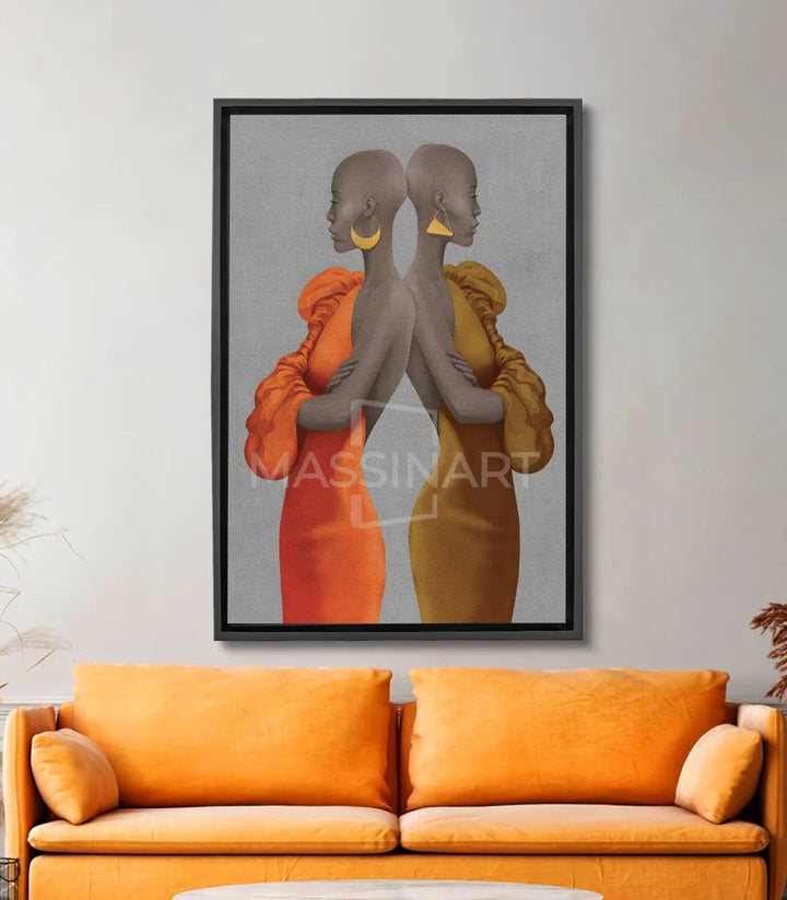 Tableau Twins Massinart — deux femmes profil symétrique, robes orange et jaune doré