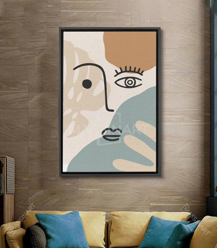 Tableau visage abstrait minimaliste avec traits noirs, fond beige et vert-sauge — Massinart