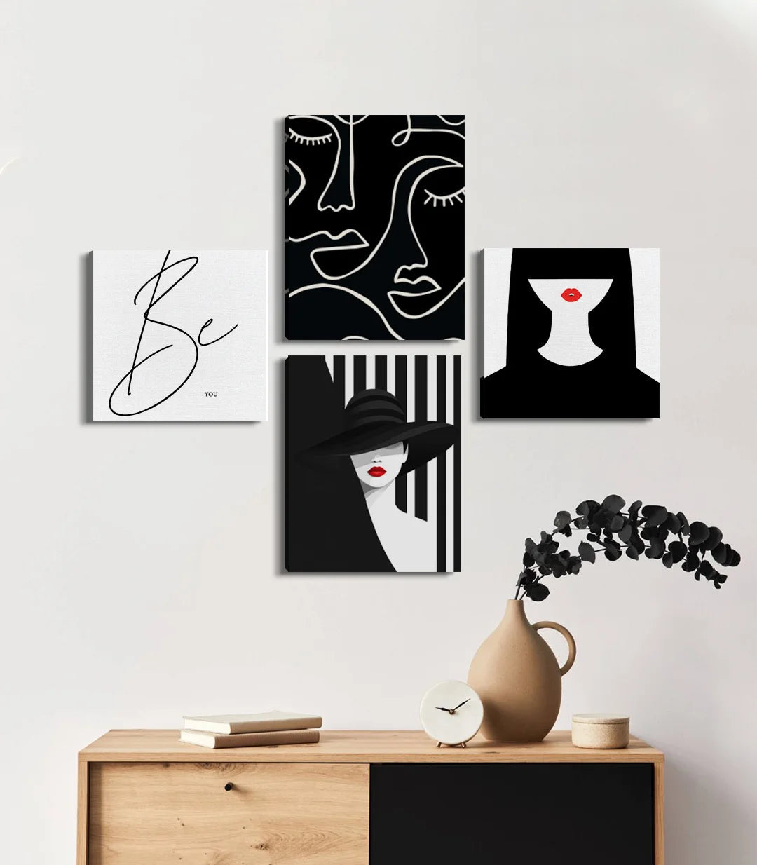 Tableau visages minimalistes ligne blanche sur noir Massinart