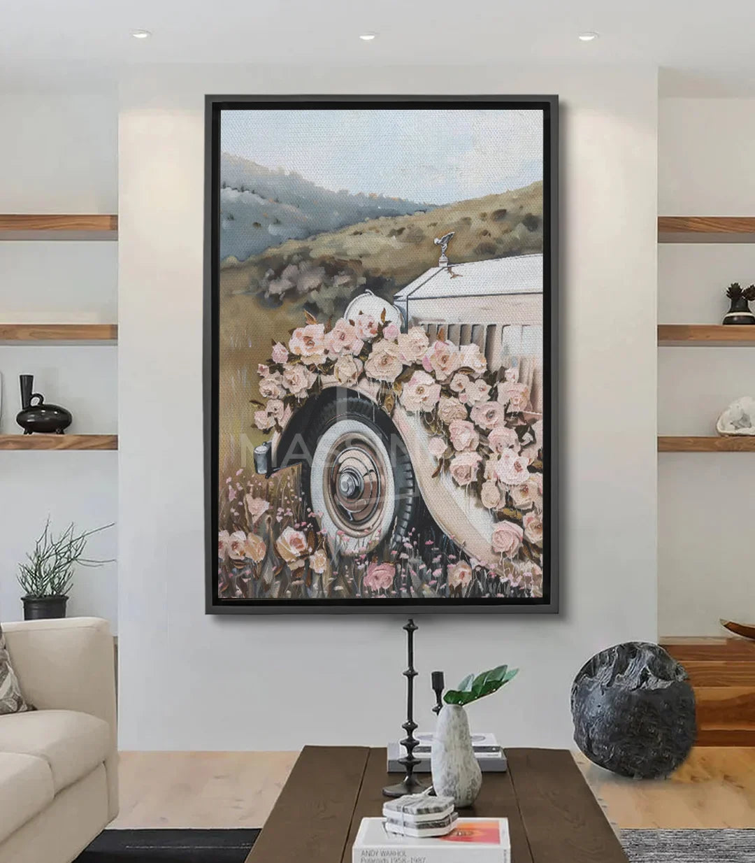 Tableau voiture blanche fleurie roses poudré paysage montagneux Massinart