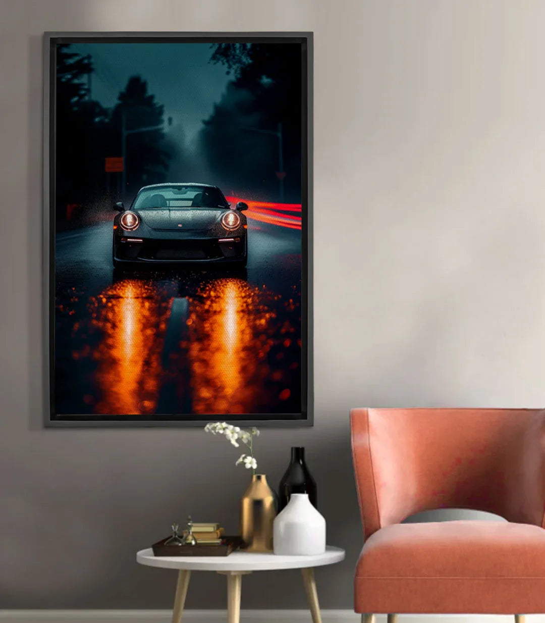Tableau voiture sport noire feu orange route nocturne Massinart