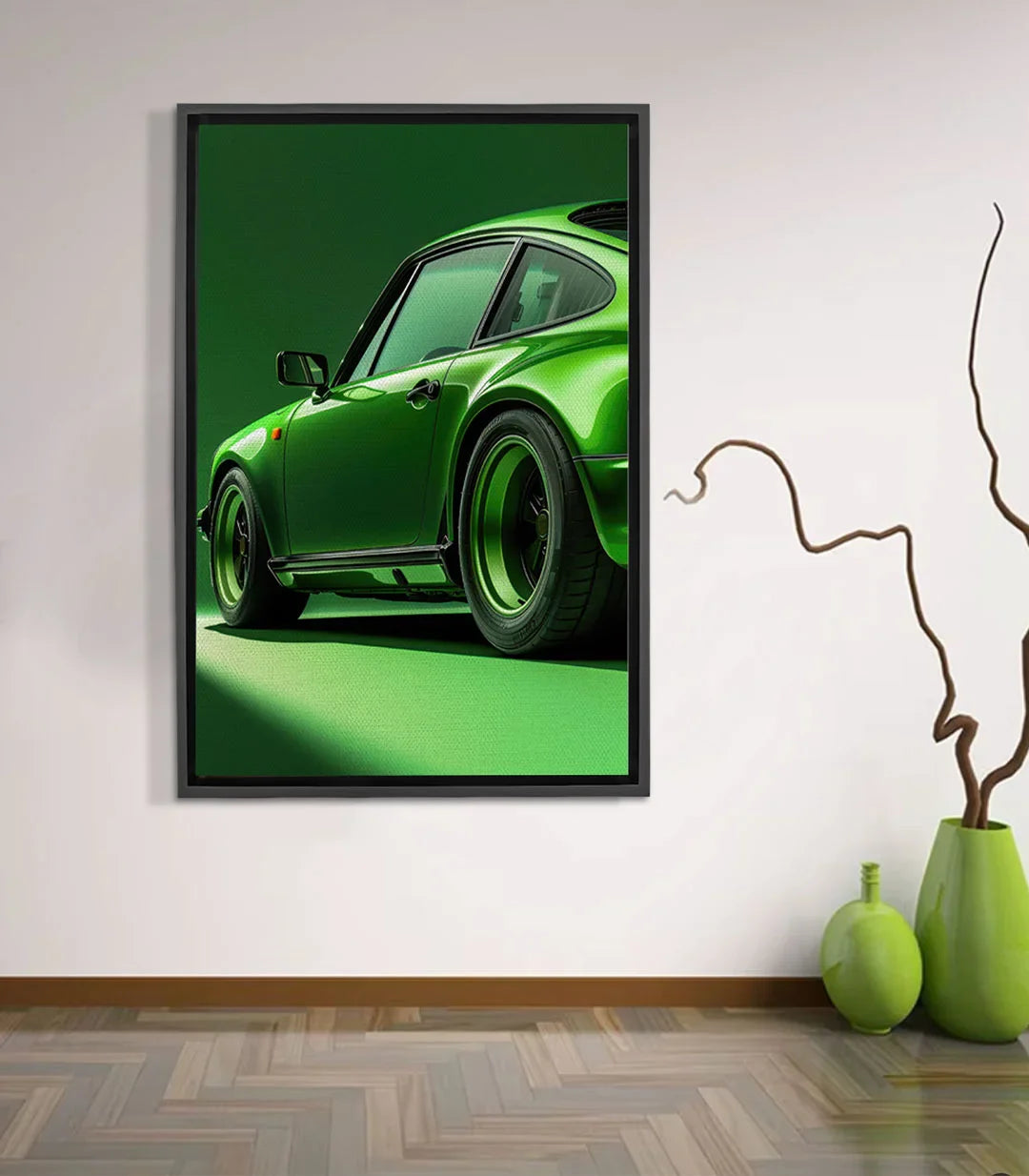 Tableau voiture sportive verte Massinart — automobile classique sur fond vert monochrome