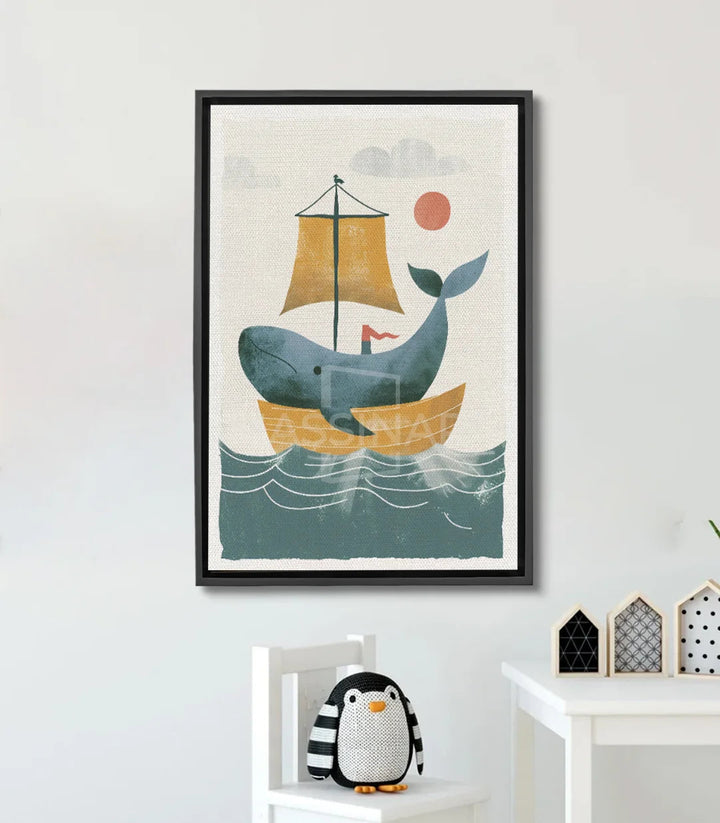 Tableau Whale Ride — baleine bleu turquoise avec voile dorée et soleil rouge, style minimaliste Massinart