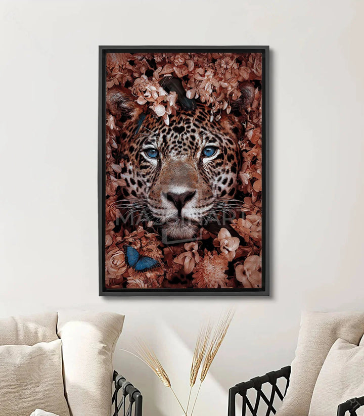 Tableau Wild Jaguar portrait animal aux yeux bleus sur fond floral terracotta — Massinart