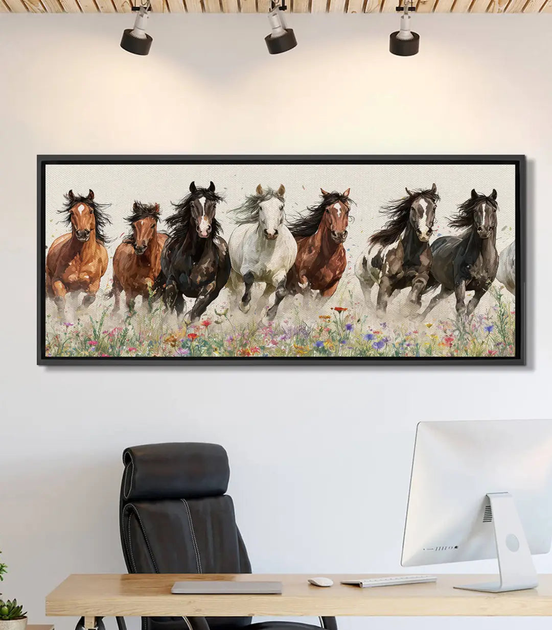 Tableau Wild Souls chevaux sauvages panoramique Massinart — sept chevaux galopant fleurs colorées