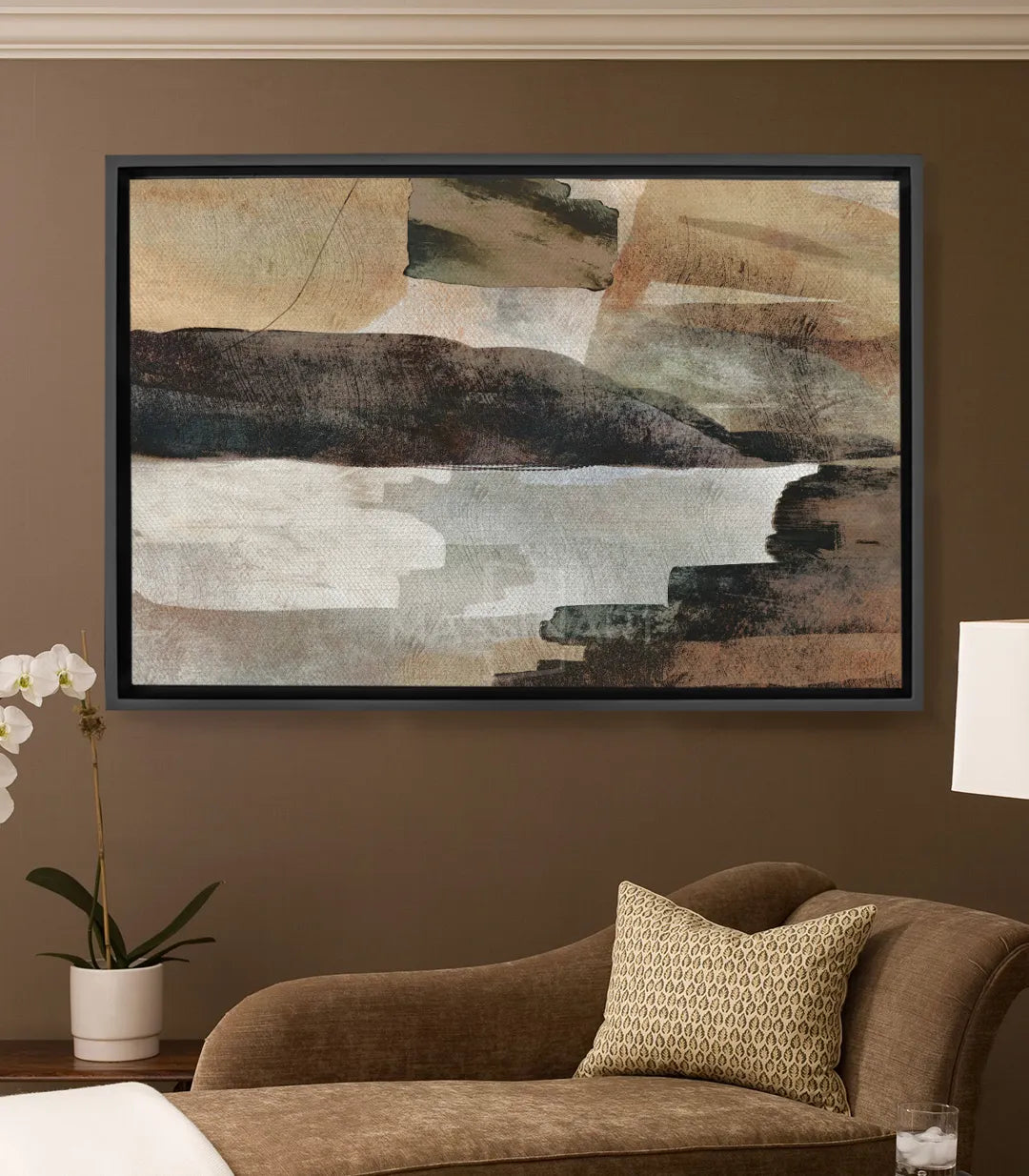 Tableau Wild Wanderings paysage abstrait horizontal, tons beige terracotta blanc et marron — Massinart