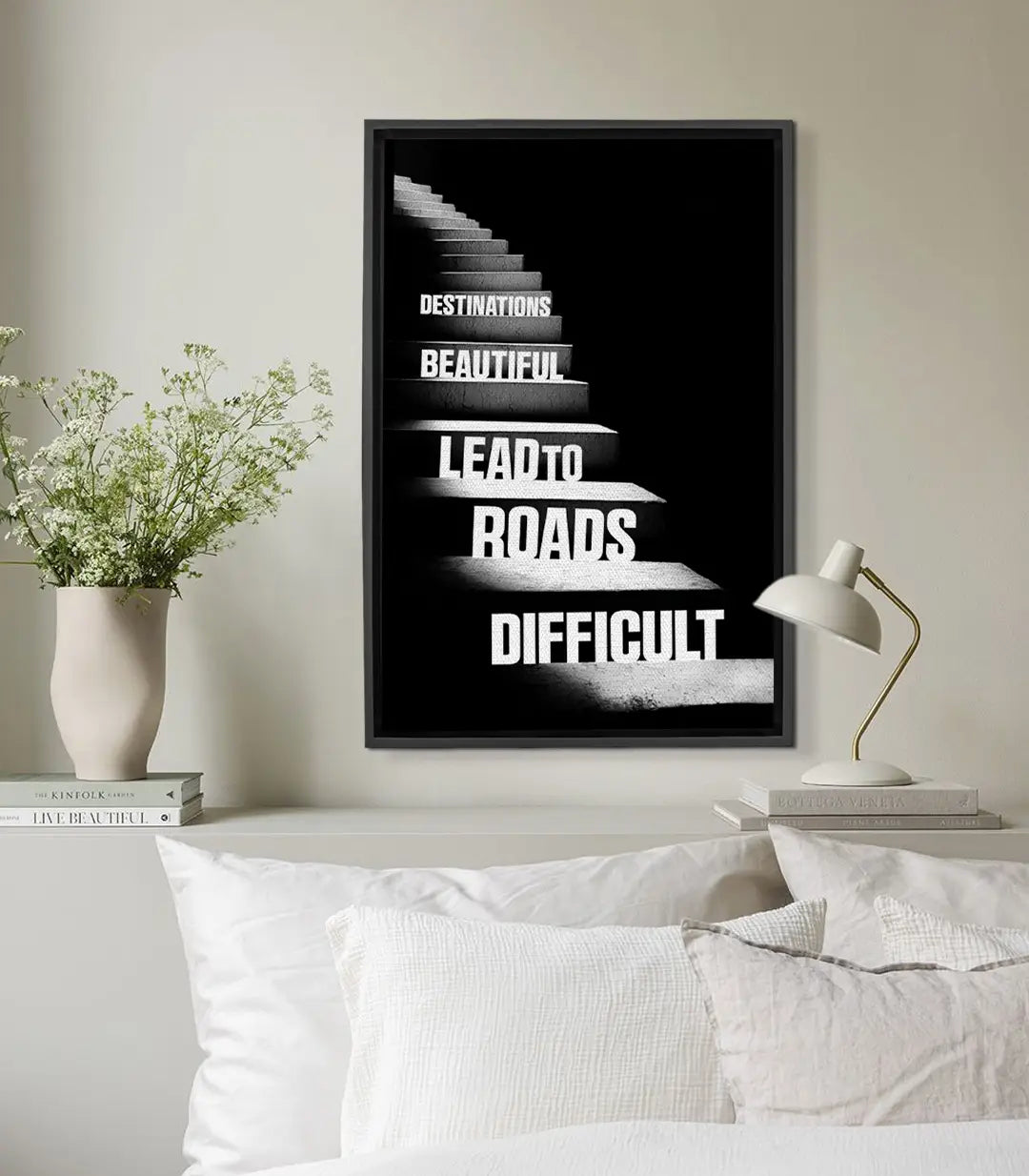 Tableau Winning Steps citation motivante noir blanc Massinart — escalier graphique avec texte inspirant
